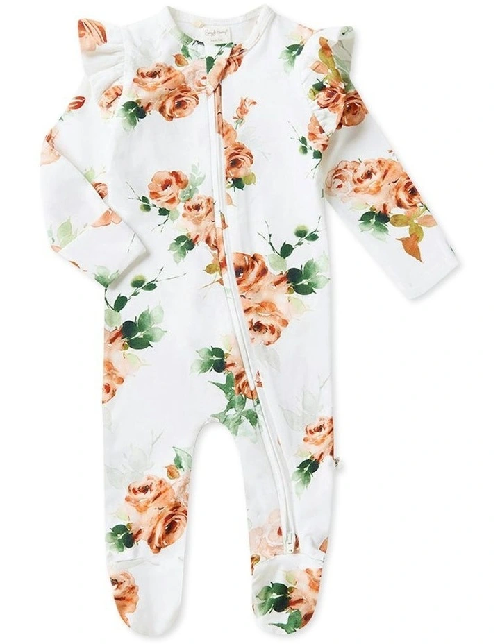 Rosebud Sleepsuit Zip Footie with Frill in White image 1
