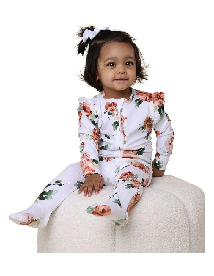 Rosebud Sleepsuit Zip Footie with Frill in White image 3