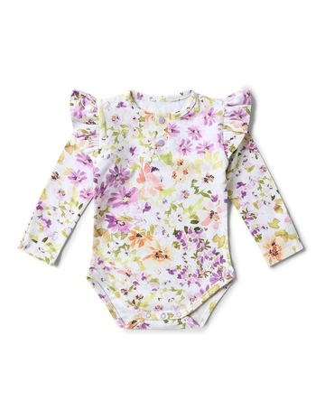 Isla Long Sleeve Organic Bodysuit with Frill in White