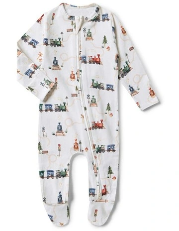 Trains Organic Snuggle Sleepsuit Zip Footie in White