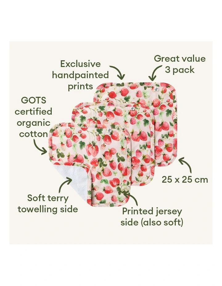 Strawberry Organic Wash Cloths 3 Pack in Pink image 2