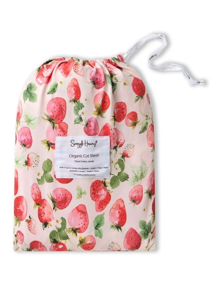 Strawberry Organic Fitted Cot Sheet in Pink image 1