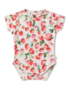 Strawberry Short Sleeve Organic Bodysuit in Pink