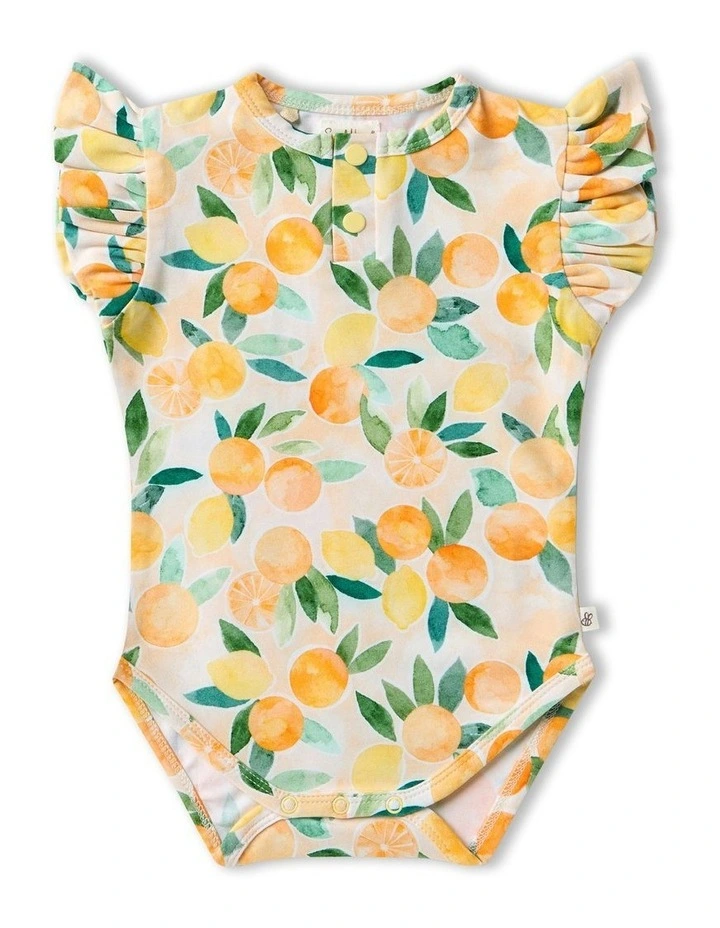 Sunny Citrus Short Sleeve Organic Bodysuit with Frill in Orange image 1