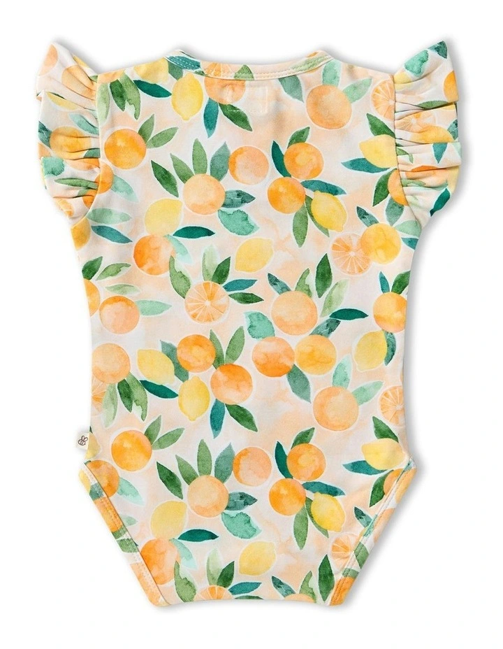 Sunny Citrus Short Sleeve Organic Bodysuit with Frill in Orange image 2
