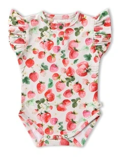 Strawberry Short Sleeve Organic Bodysuit with Frill in Pink