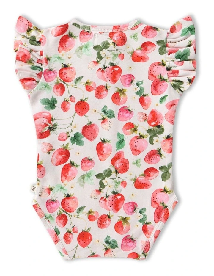Strawberry Short Sleeve Organic Bodysuit with Frill in Pink image 2