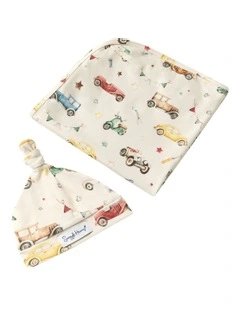 Vintage Cars Organic Jersey Wrap And Beanie Set in Beige