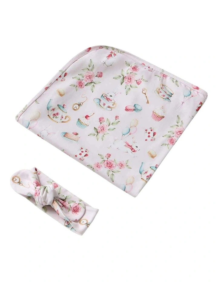 Alices Tea Party Organic Jersey Wrap And Topknot Set in Pink image 1