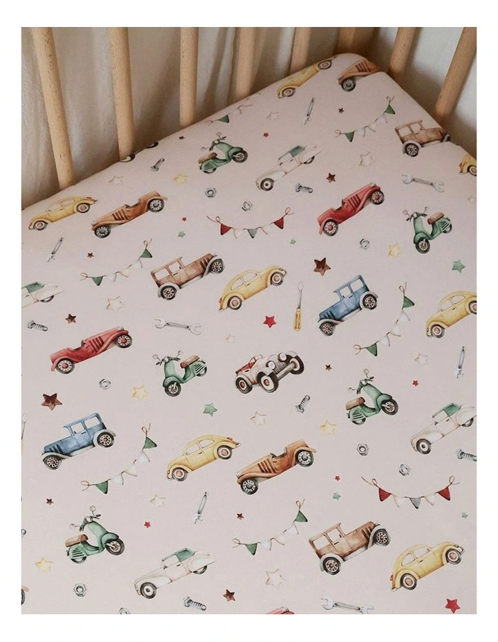 Vintage Cars Organic Fitted Cot Sheet in Beige image 3