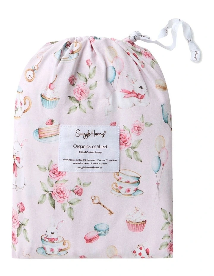 Alices Tea Party Organic Fitted Cot Sheet in Pink image 1