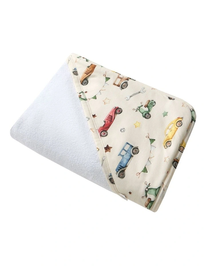 Vintage Cars Organic Hooded Baby Towel in Beige image 1