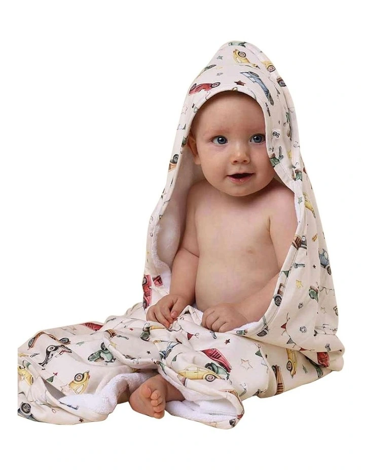 Vintage Cars Organic Hooded Baby Towel in Beige image 2