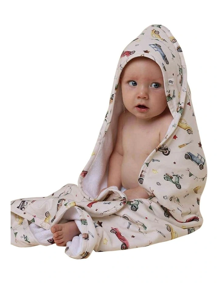 Vintage Cars Organic Hooded Baby Towel in Beige image 4