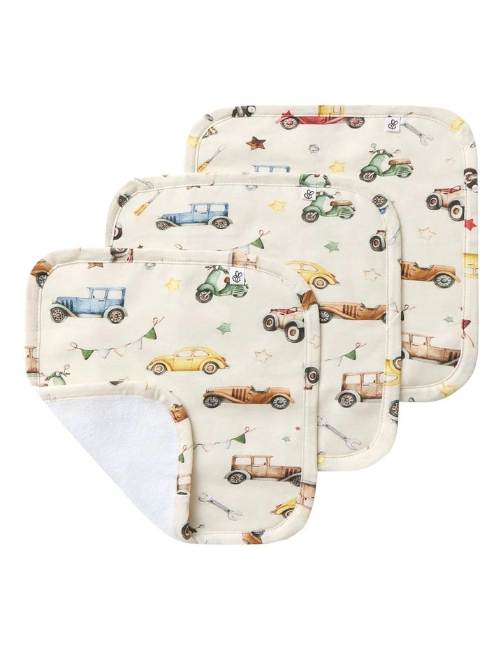 Vintage Cars Organic Wash Cloths 3 Pack in Beige image 1
