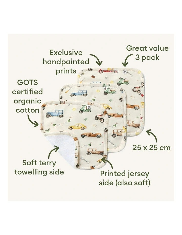 Vintage Cars Organic Wash Cloths 3 Pack in Beige image 2