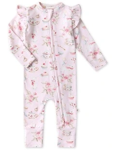 Alices Tea Party Organic Snugglesuit Convertible Romper with Frill in Pale Pink