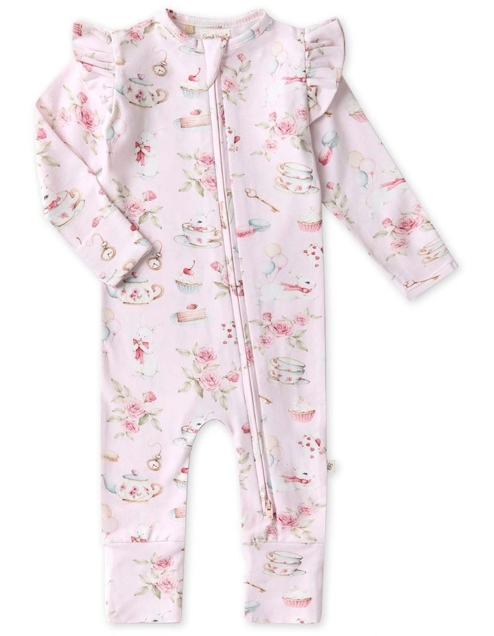 Alices Tea Party Organic Snugglesuit Convertible Romper with Frill in Pale Pink image 1