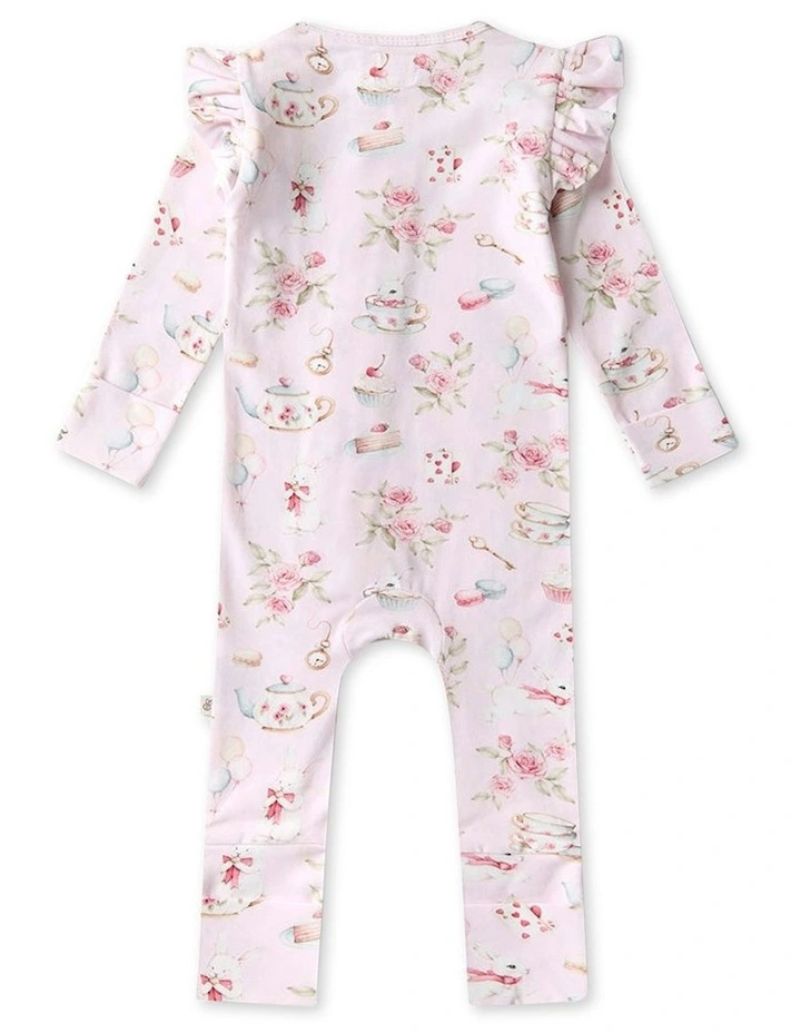 Alices Tea Party Organic Snugglesuit Convertible Romper with Frill in Pale Pink image 2