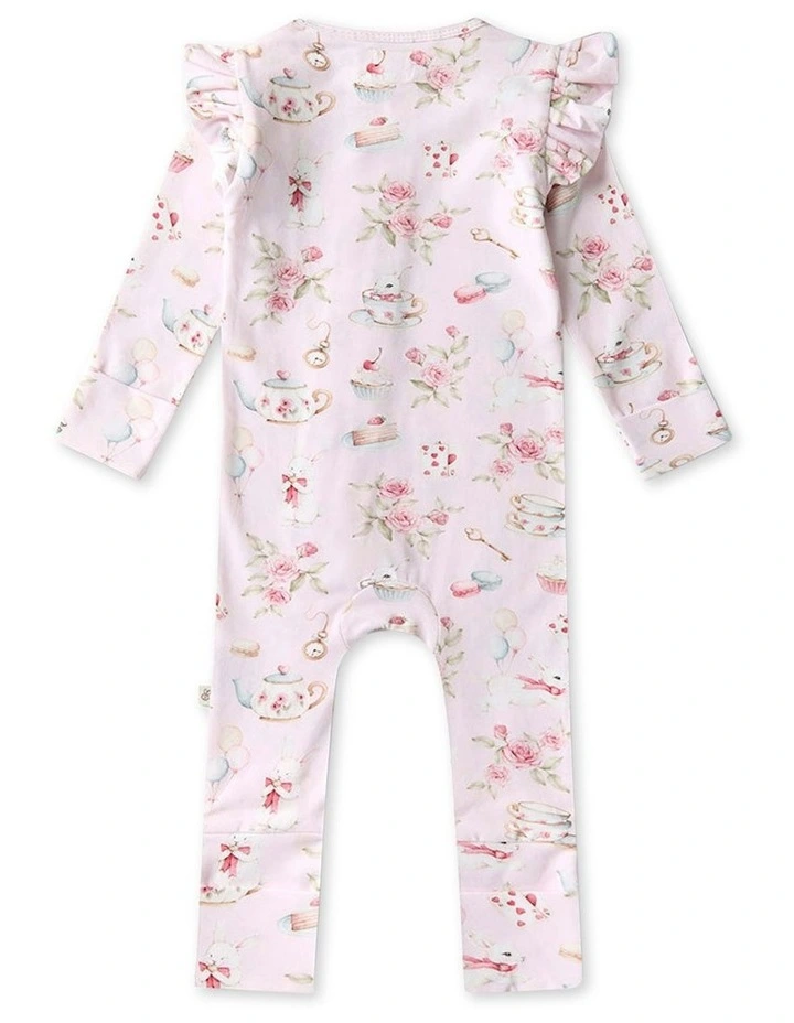 Alices Tea Party Organic Snugglesuit Convertible Romper with Frill in Pale Pink image 2