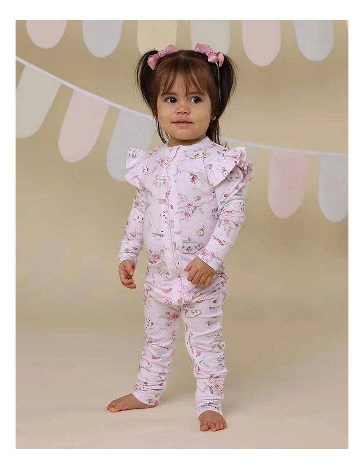 Alices Tea Party Organic Snugglesuit Convertible Romper with Frill in Pale Pink image 4