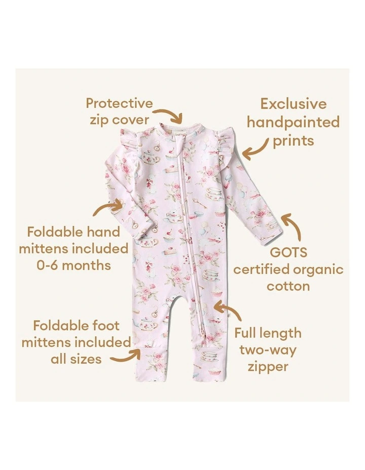 Alices Tea Party Organic Snugglesuit Convertible Romper with Frill in Pale Pink image 6