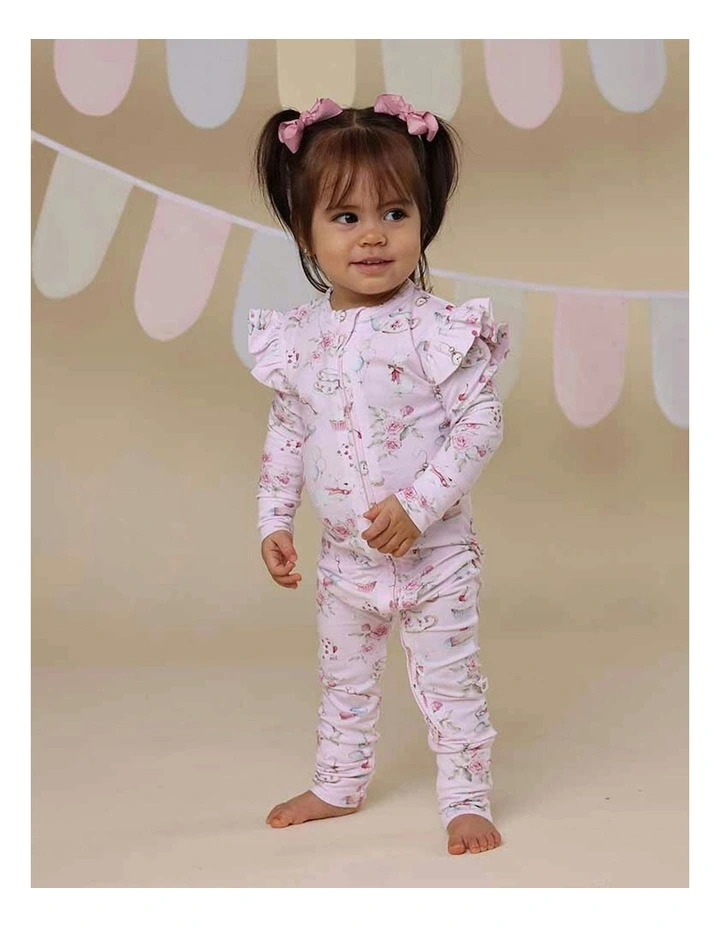Alices Tea Party Organic Snugglesuit Convertible Romper with Frill in Pale Pink image 7