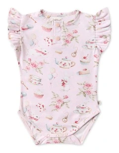 Alices Tea Party Short Sleeve Organic Bodysuit in Pale Pink