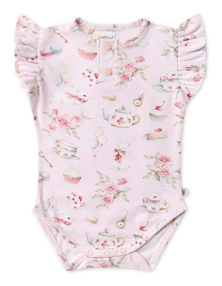 Alices Tea Party Short Sleeve Organic Bodysuit in Pale Pink image 1