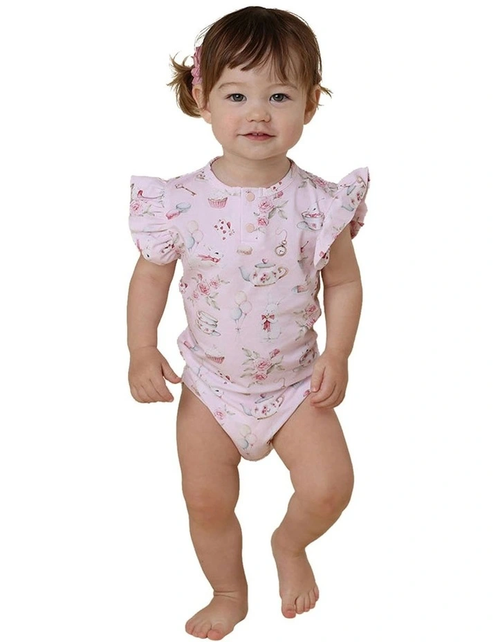 Alices Tea Party Short Sleeve Organic Bodysuit in Pale Pink image 3