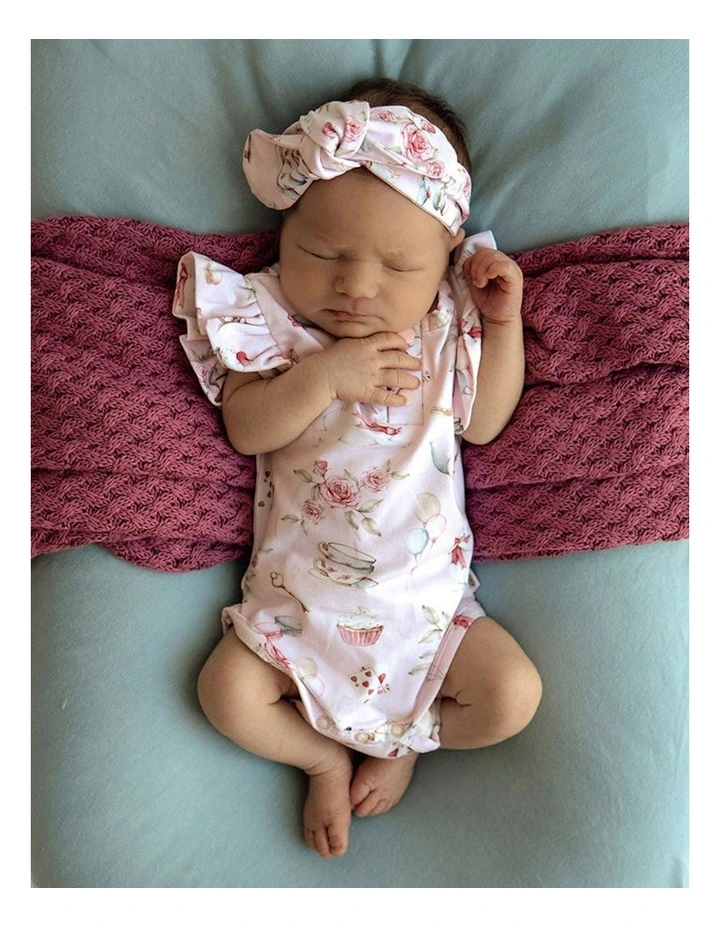 Alices Tea Party Short Sleeve Organic Bodysuit in Pale Pink image 4