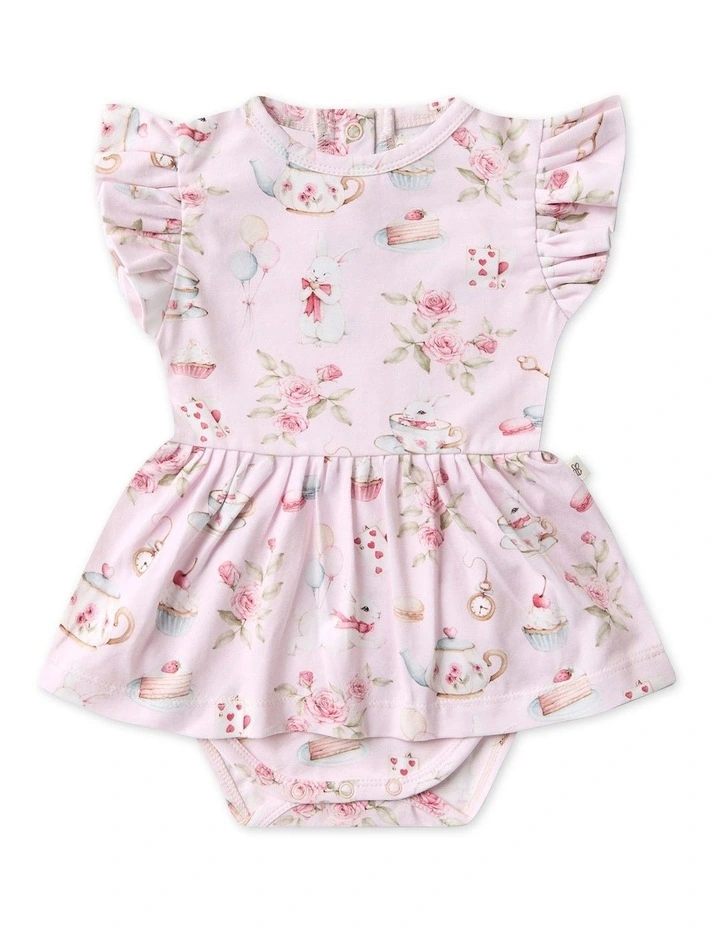 Alices Tea Party Short Sleeve Organic Dress in Pink image 1