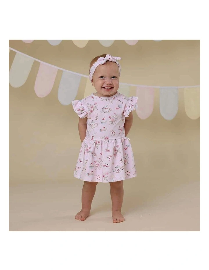 Alices Tea Party Short Sleeve Organic Dress in Pink image 3