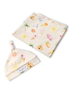 Beach Fun Organic Jersey Wrap & Beanie Set in Beige