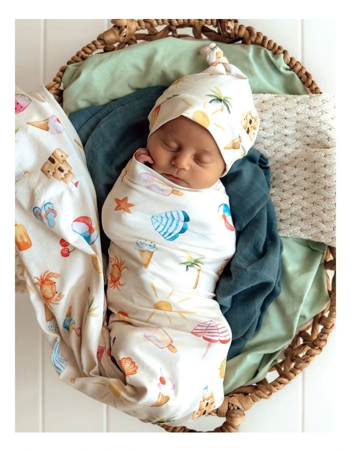 Beach Fun Organic Jersey Wrap & Beanie Set in Beige image 2