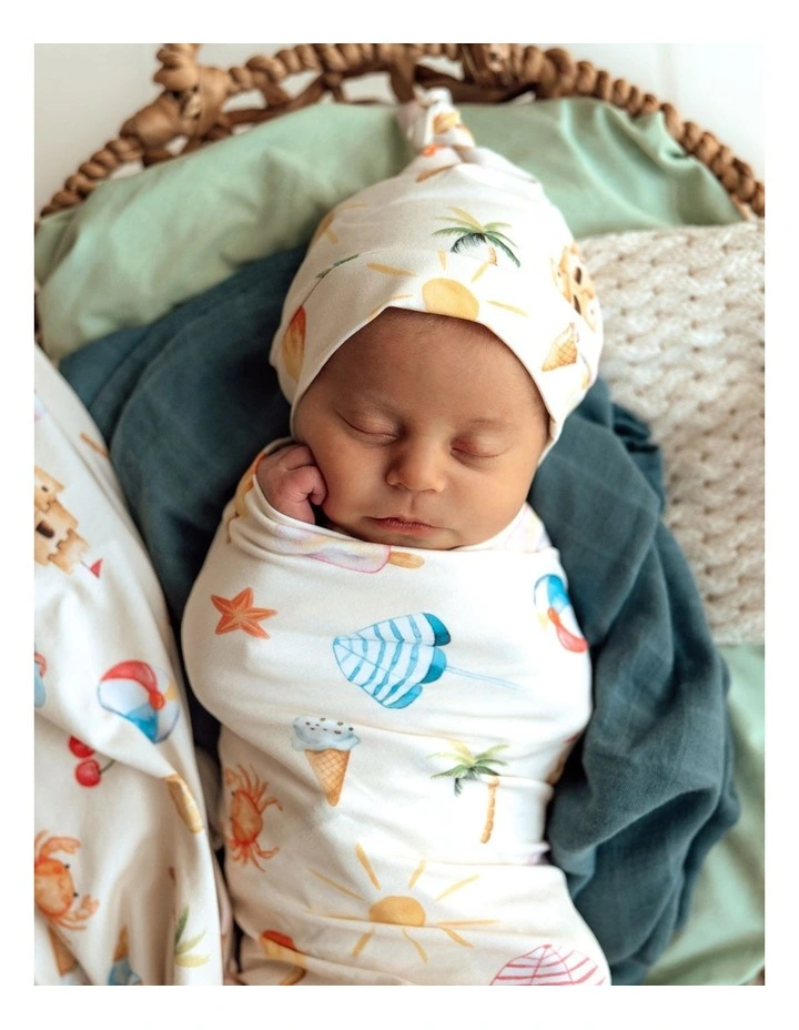 Beach Fun Organic Jersey Wrap & Beanie Set in Beige image 3