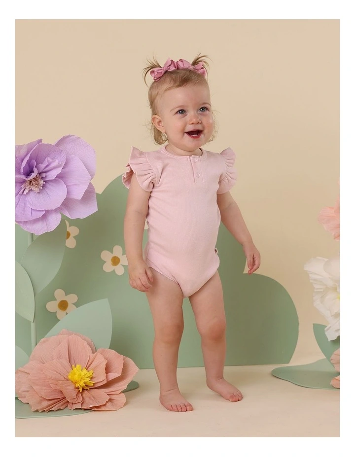 Short Sleeve Organic Bodysuit with Frill in Baby Pink image 4