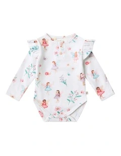 Fairy Garden Long Sleeve Organic Bodysuit With Frill in White