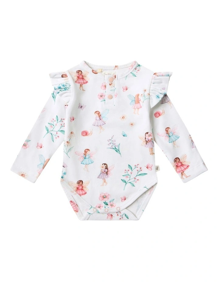 Fairy Garden Long Sleeve Organic Bodysuit With Frill in White image 1