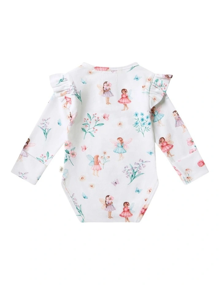 Fairy Garden Long Sleeve Organic Bodysuit With Frill in White image 2