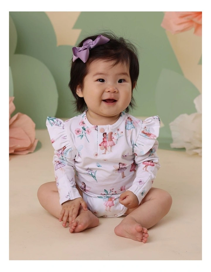 Fairy Garden Long Sleeve Organic Bodysuit With Frill in White image 6