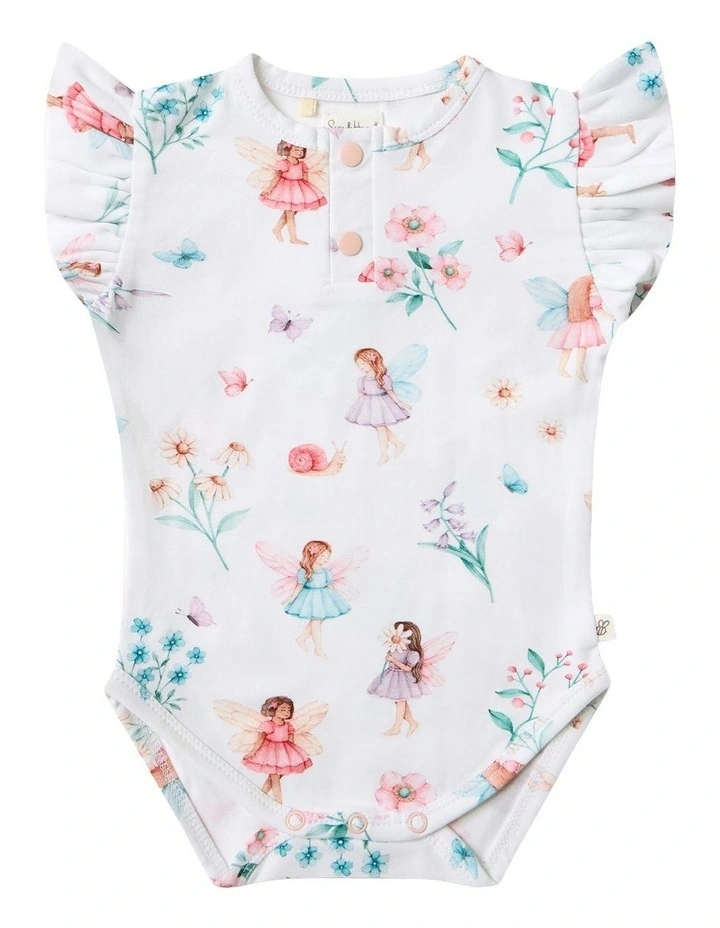 Fairy Garden Short Sleeve Organic Bodysuit With Frill in White image 1