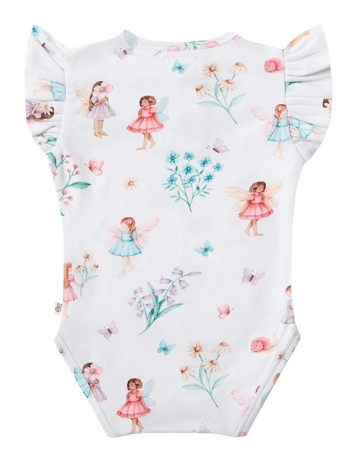Fairy Garden Short Sleeve Organic Bodysuit With Frill in White image 2