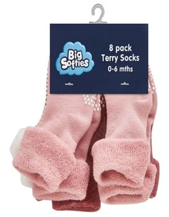Anti-Slip Terry Socks in 8-Pack in Pink