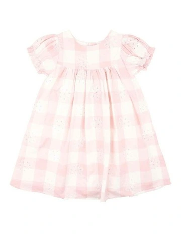 Lara Cutwork Check Dress 3-7 Yrs in Pink