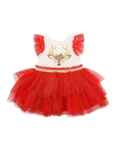 Reindeer Dress with Layered Skirt in Red