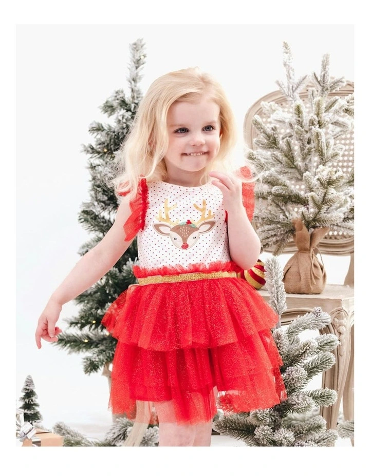Reindeer Dress with Layered Skirt in Red image 3