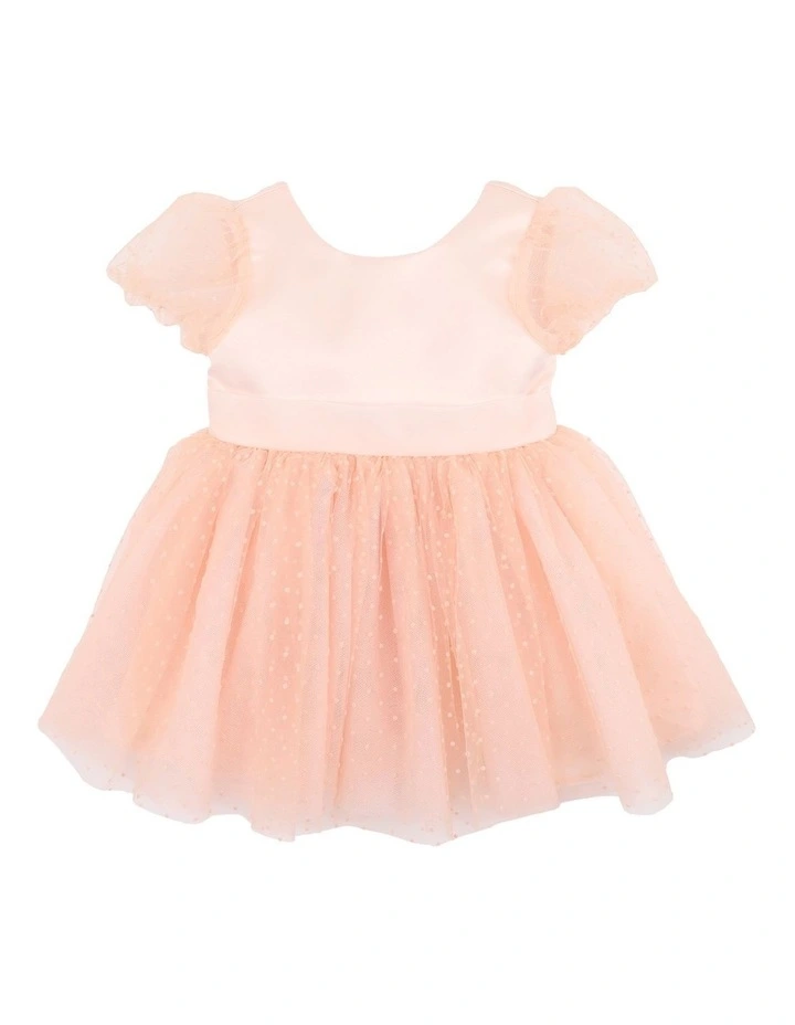 Puff Sleeve Dress With Back Bow in Peach image 1