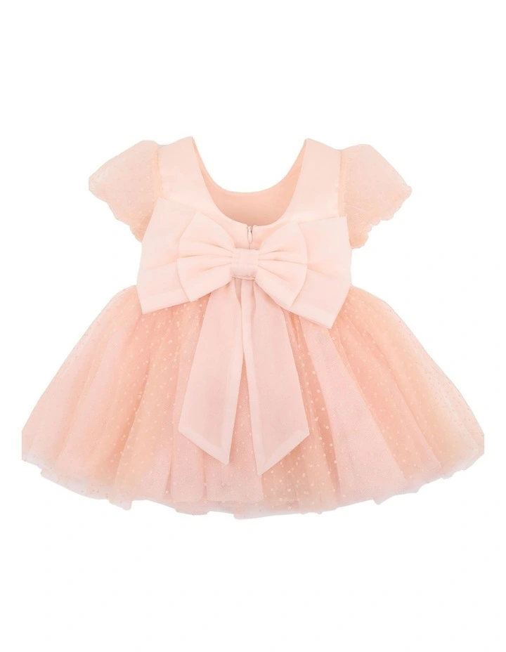 Puff Sleeve Dress With Back Bow in Peach image 2