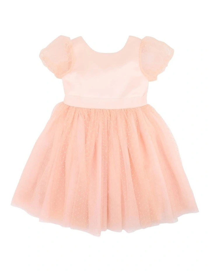 Spot Puff Sleeve Dress With Back Bow 3-10 Years in Peach image 1